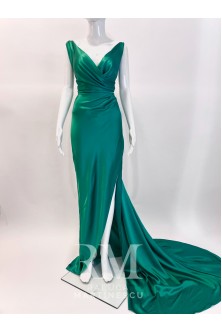 Rochie din matase verde smarald cu bust drapat